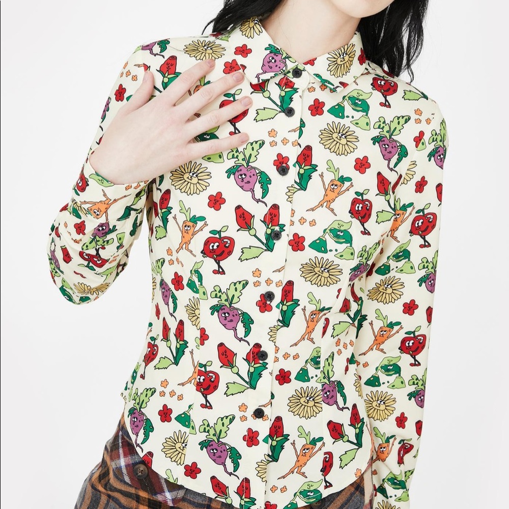 Lazy Oaf Cream Botanical & Cartoon Print Button-Down Shirt